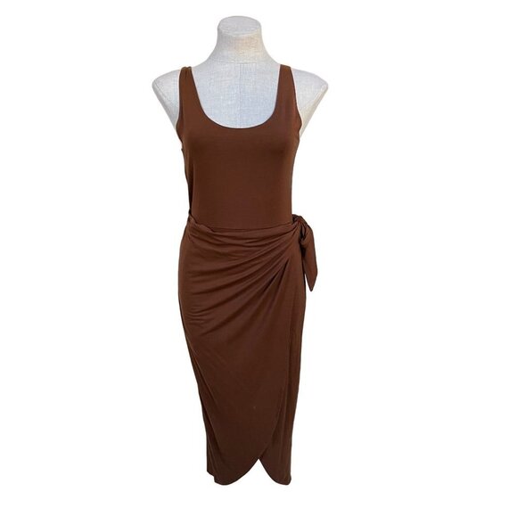 Reformation Kaila Dress in Chestnut Slim Wrap Around Midi Bodycon Dress Large - Picture 1 of 12